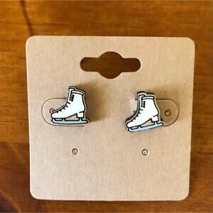 White Black Ice Skates Stud Earrings - Hand Painted Wood, Hypoallergenic